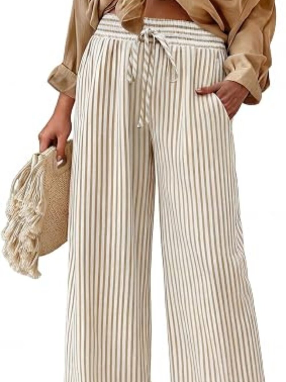Women's Striped Wide Leg Palazzo Pants (L) Khaki
